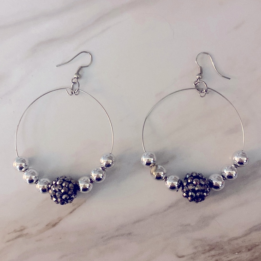 2 inch Silver Beaded Hoop Earrings
